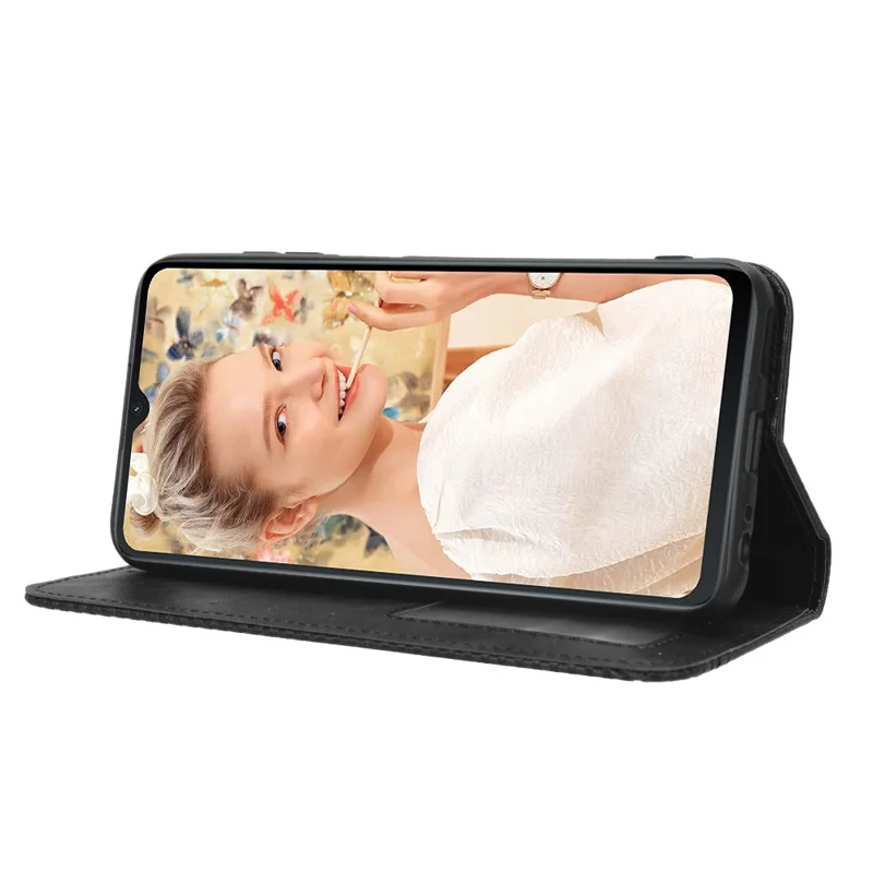 For Oukitel C32 Magnetic Shell Retro PU Leather Phone Case Stand Wallet Flip Cover - Black