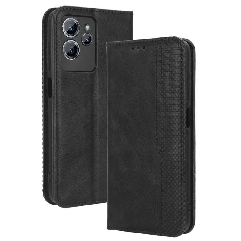 For Oukitel C32 Magnetic Shell Retro PU Leather Phone Case Stand Wallet Flip Cover - Black
