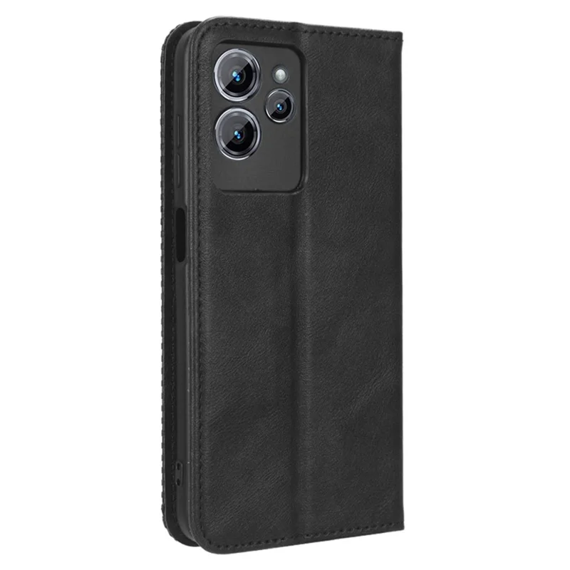 For Oukitel C32 Magnetic Shell Retro PU Leather Phone Case Stand Wallet Flip Cover - Black