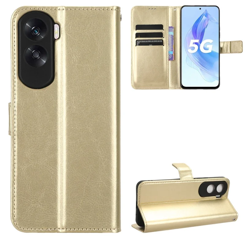 For Honor 90 Lite 5G / X50i 5G Crazy Horse Texture PU Leather Phone Wallet Case Stand Shockproof Cover - Gold