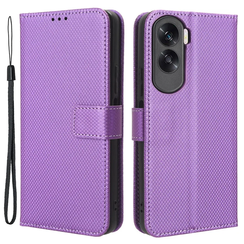Flip Case for Honor 90 Lite 5G / X50i 5G PU Leather Diamond Texture Wallet Stand Shockproof Phone Cover - Purple
