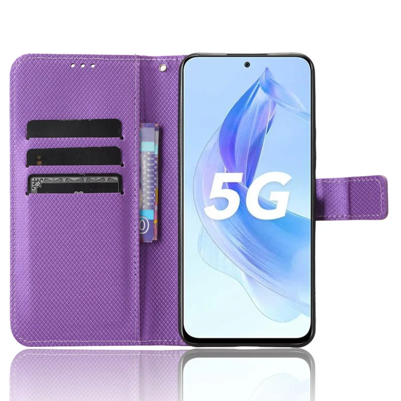 Flip Case for Honor 90 Lite 5G / X50i 5G PU Leather Diamond Texture Wallet Stand Shockproof Phone Cover - Purple