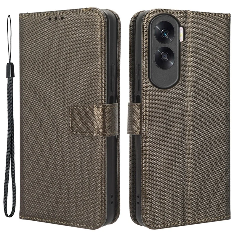 Flip Case for Honor 90 Lite 5G / X50i 5G PU Leather Diamond Texture Wallet Stand Shockproof Phone Cover - Brown