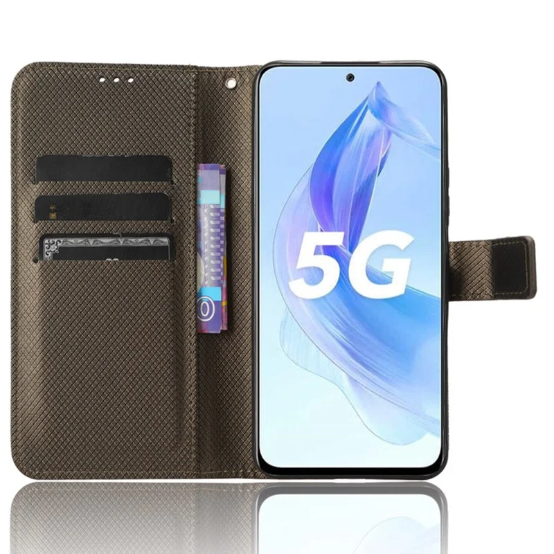 Flip Case for Honor 90 Lite 5G / X50i 5G PU Leather Diamond Texture Wallet Stand Shockproof Phone Cover - Brown