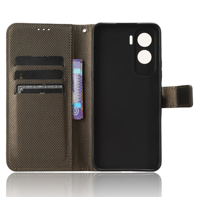 Flip Case for Honor 90 Lite 5G / X50i 5G PU Leather Diamond Texture Wallet Stand Shockproof Phone Cover - Brown