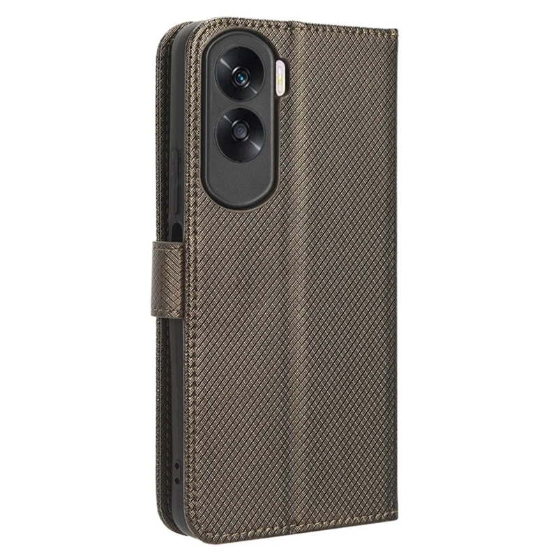 Flip Case for Honor 90 Lite 5G / X50i 5G PU Leather Diamond Texture Wallet Stand Shockproof Phone Cover - Brown
