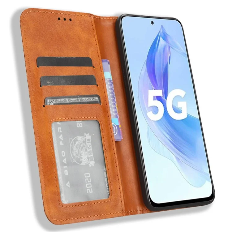 Étui debout pour Honor 90 Lite 5G / X50i 5G Coque magnétique rétro en cuir PU Flip Cover portefeuille - Marron