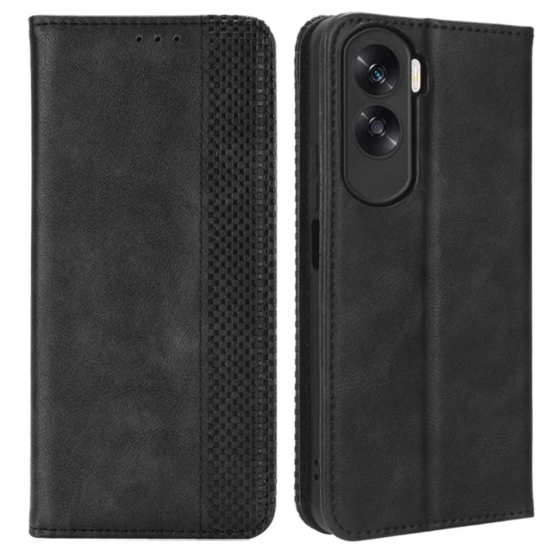 Stand Case for Honor 90 Lite 5G / X50i 5G Magnetic Shell Retro PU Leather Phone Wallet Flip Cover - Black