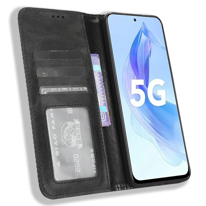 Stand Case for Honor 90 Lite 5G / X50i 5G Magnetic Shell Retro PU Leather Phone Wallet Flip Cover - Black