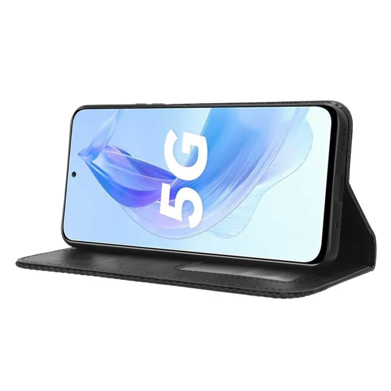 Stand Case for Honor 90 Lite 5G / X50i 5G Magnetic Shell Retro PU Leather Phone Wallet Flip Cover - Black