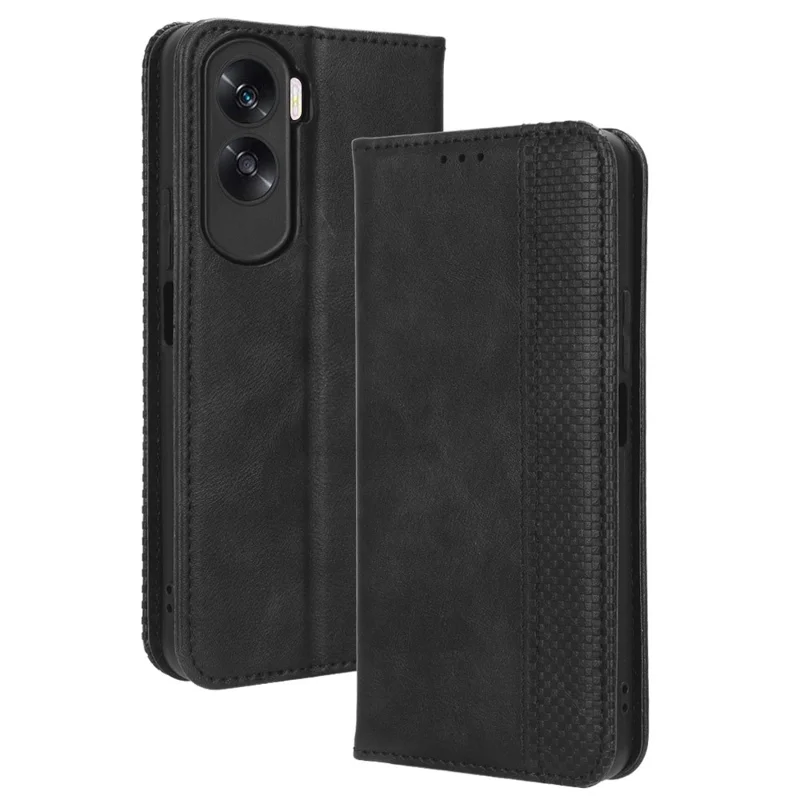Stand Case for Honor 90 Lite 5G / X50i 5G Magnetic Shell Retro PU Leather Phone Wallet Flip Cover - Black