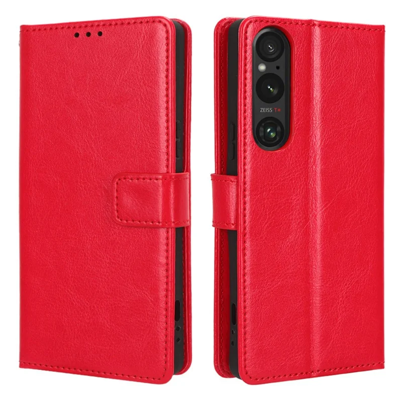 Shockproof Cover for Sony Xperia 1 V Crazy Horse Texture PU Leather Phone Wallet Stand Case - Red