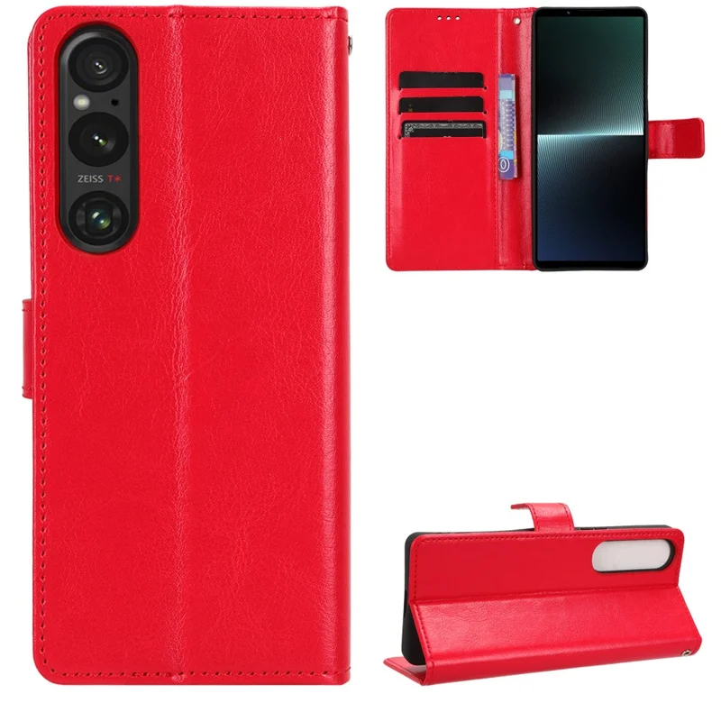Shockproof Cover for Sony Xperia 1 V Crazy Horse Texture PU Leather Phone Wallet Stand Case - Red
