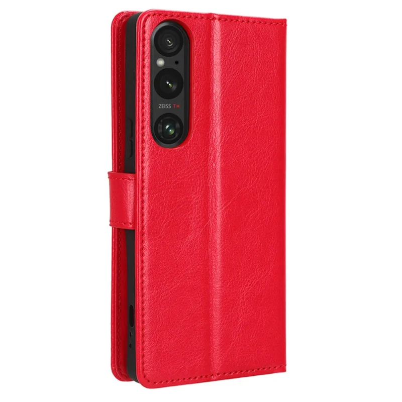 Shockproof Cover for Sony Xperia 1 V Crazy Horse Texture PU Leather Phone Wallet Stand Case - Red