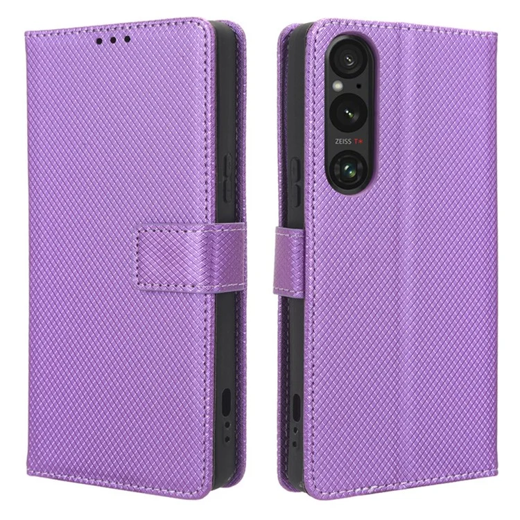Diamond Texture Case für Sony Xperia 1 V PU-Leder-Geldbörse mit Ständer und stoßfestem Telefonschutz - Lila