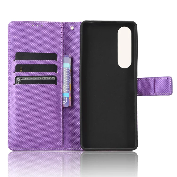 Diamond Texture Case für Sony Xperia 1 V PU-Leder-Geldbörse mit Ständer und stoßfestem Telefonschutz - Lila