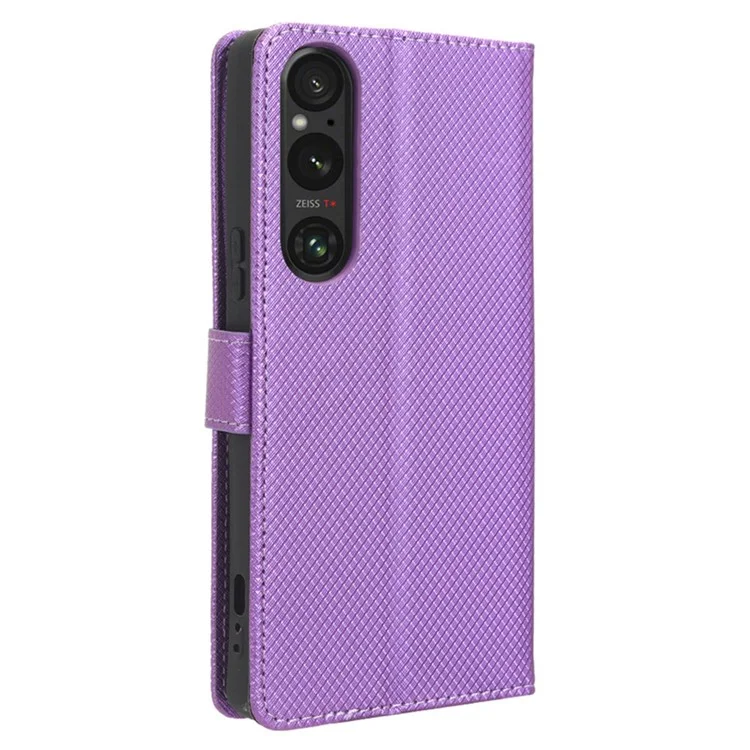 Diamond Texture Case für Sony Xperia 1 V PU-Leder-Geldbörse mit Ständer und stoßfestem Telefonschutz - Lila
