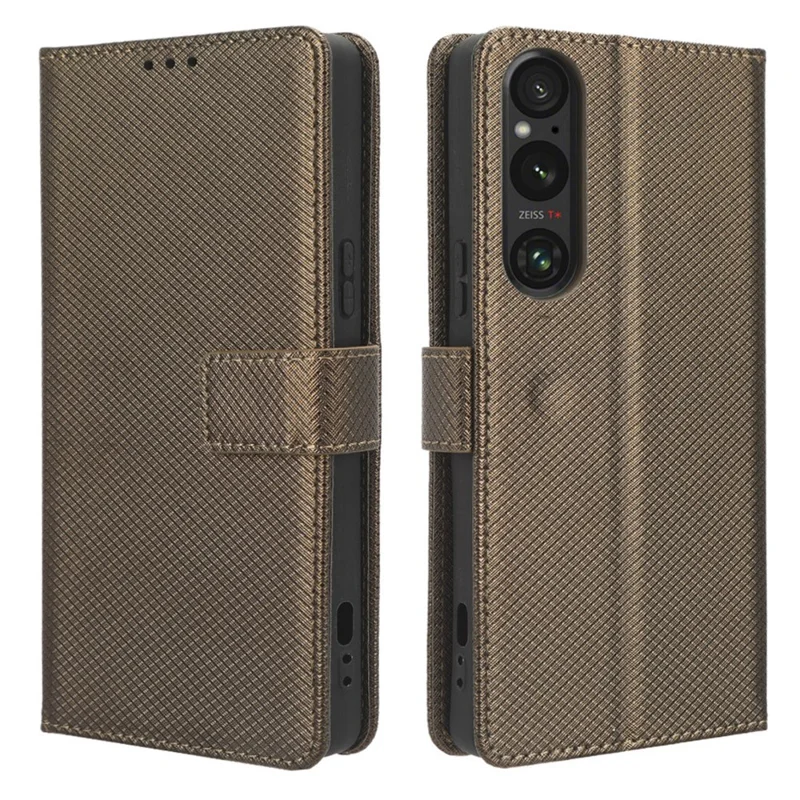 Diamond Texture Case for Sony Xperia 1 V PU Leather Wallet Stand Shockproof Phone Cover - Brown