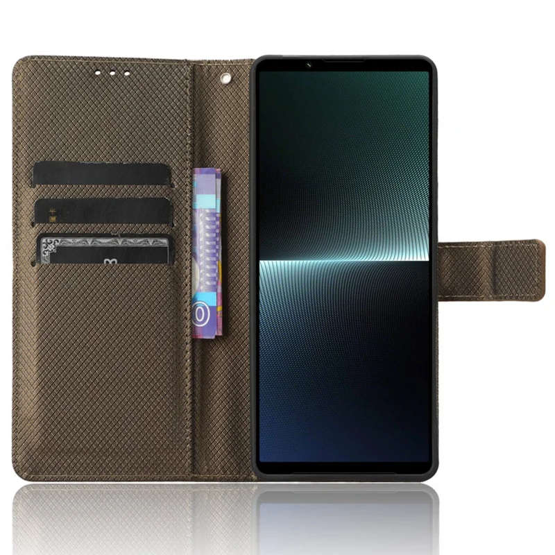 Diamond Texture Case for Sony Xperia 1 V PU Leather Wallet Stand Shockproof Phone Cover - Brown