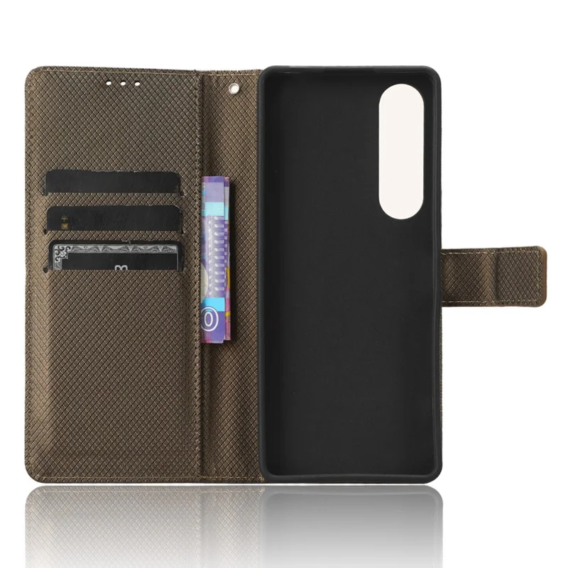 Diamond Texture Case for Sony Xperia 1 V PU Leather Wallet Stand Shockproof Phone Cover - Brown