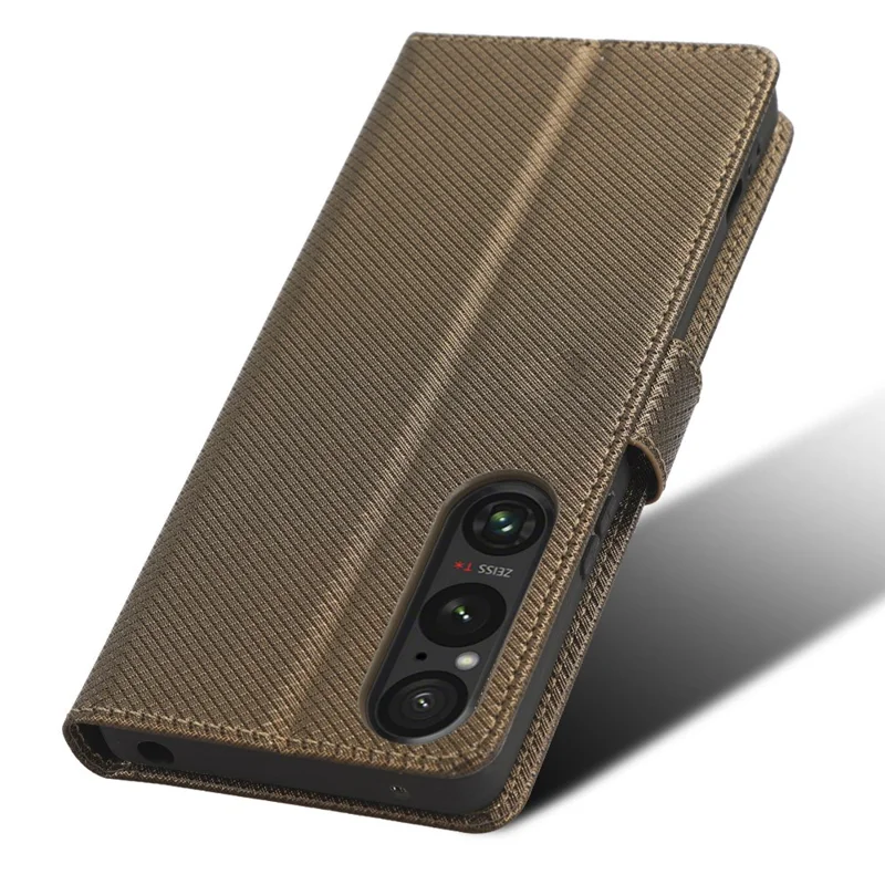 Diamond Texture Case for Sony Xperia 1 V PU Leather Wallet Stand Shockproof Phone Cover - Brown