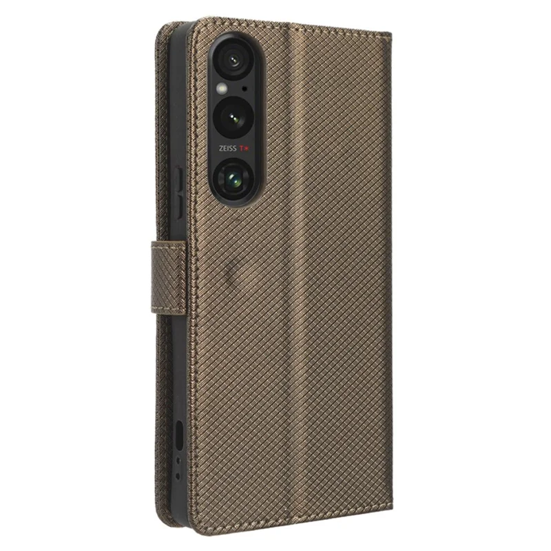 Diamond Texture Case for Sony Xperia 1 V PU Leather Wallet Stand Shockproof Phone Cover - Brown