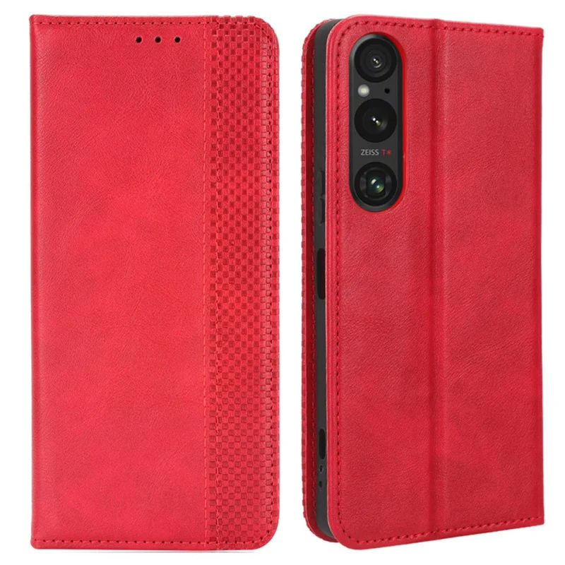 Для Sony Xperia 1 V Retro PU Leather Phone Case Stand Wallet Flip Magnetic Cover - Red