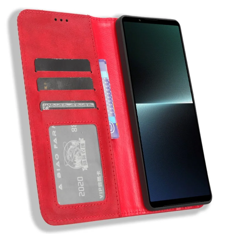 Для Sony Xperia 1 V Retro PU Leather Phone Case Stand Wallet Flip Magnetic Cover - Red