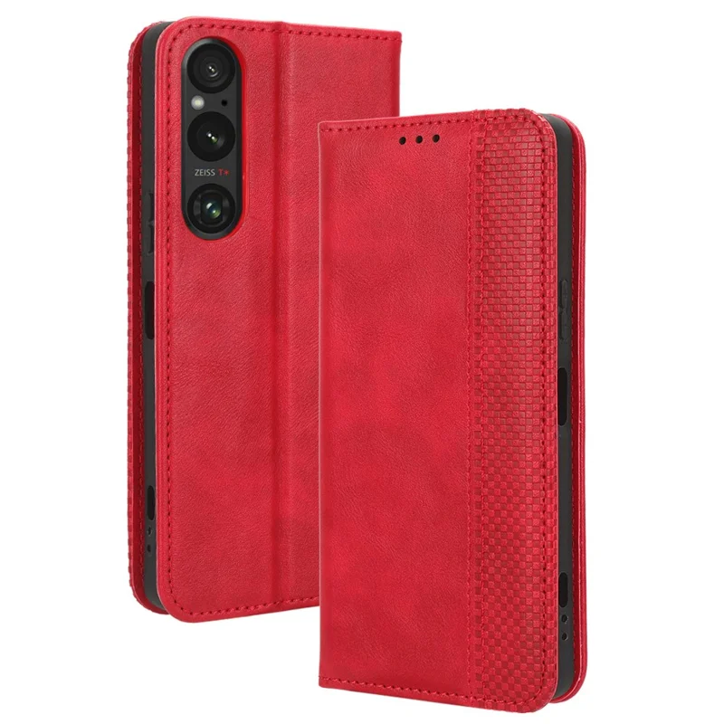Для Sony Xperia 1 V Retro PU Leather Phone Case Stand Wallet Flip Magnetic Cover - Red