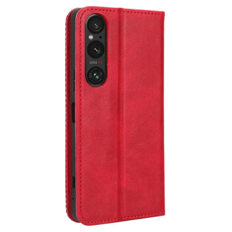 Для Sony Xperia 1 V Retro PU Leather Phone Case Stand Wallet Flip Magnetic Cover - Red
