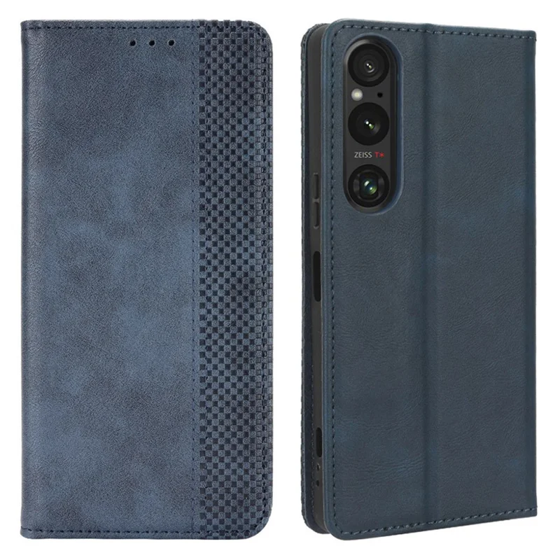 Для Sony Xperia 1 V Retro PU Leather Phone Case Stand Wallet Flip Magnetic Cover - Blue