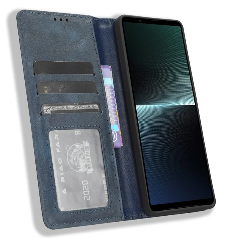 Для Sony Xperia 1 V Retro PU Leather Phone Case Stand Wallet Flip Magnetic Cover - Blue