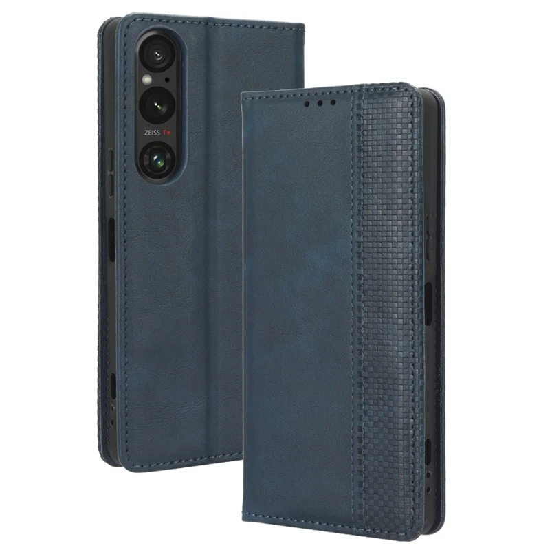Для Sony Xperia 1 V Retro PU Leather Phone Case Stand Wallet Flip Magnetic Cover - Blue