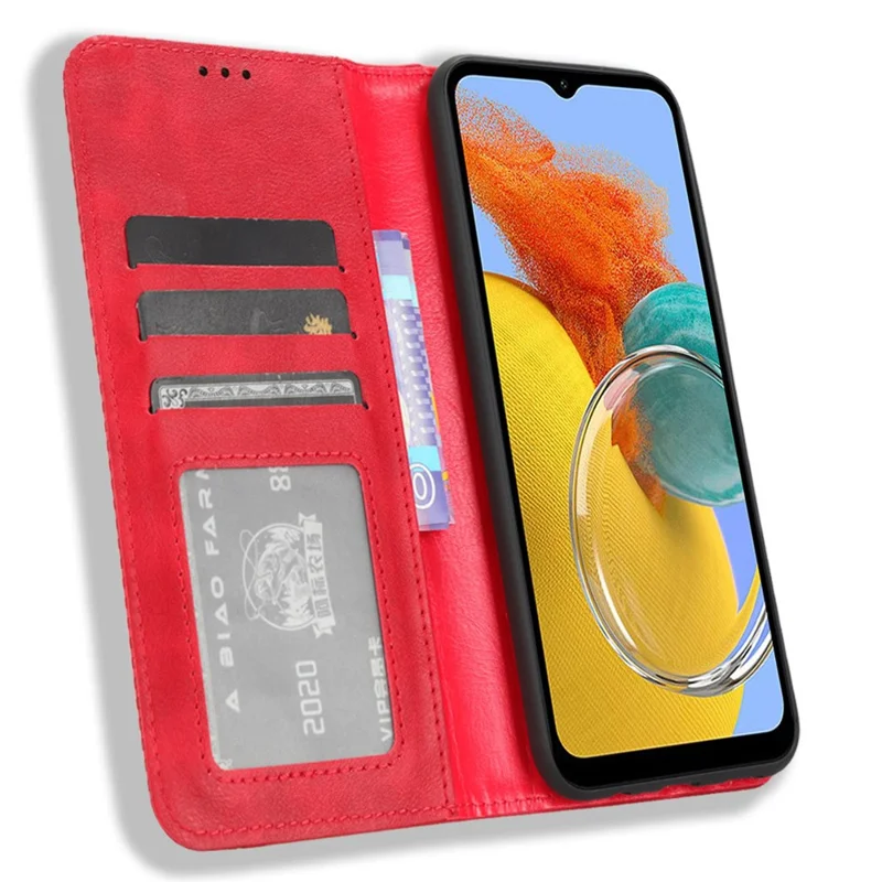 Per Samsung Galaxy M54 5G / F54 5G Custodia Flip Portafoglio in Pelle PU Vintage Magnetica con Supporto - Rosso