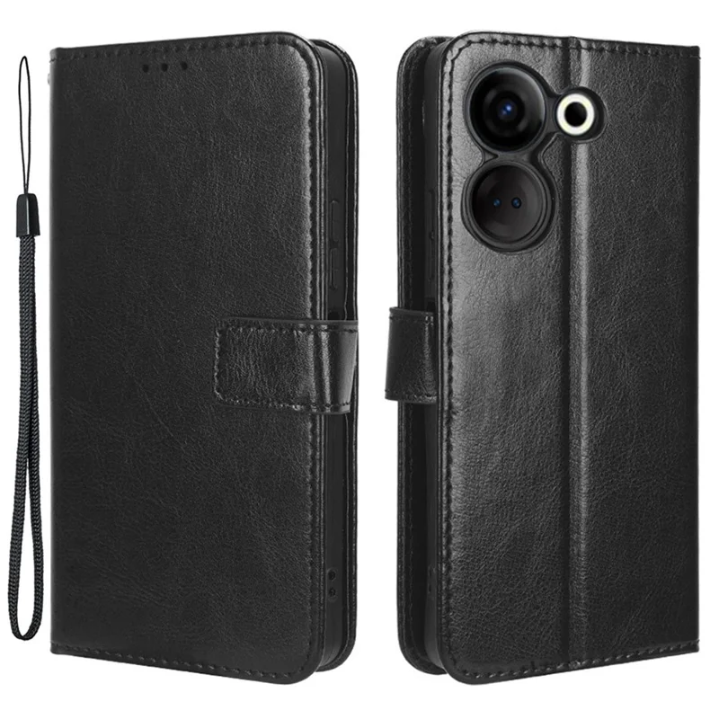 For TECNO Camon 20 Pro 4G CK7n / 20 4G CK6 PU Leather Flip Protective Cover Crazy Horse Texture Wallet Stand Phone Case - Black