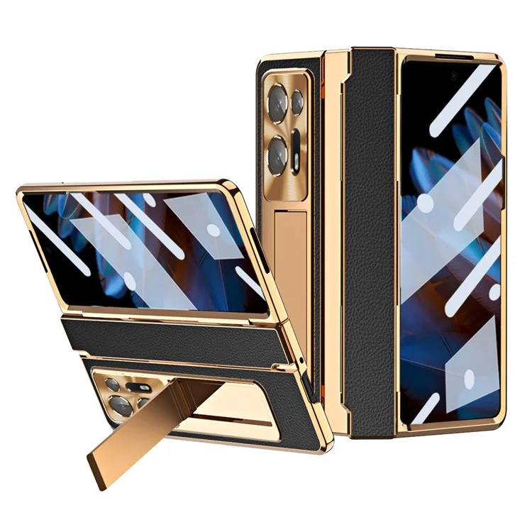 For Oppo Find N2 5G Anti-Scratch Kickstand Phone Case PU Leather+PC Phone Cover with Stylus Pen - Black
