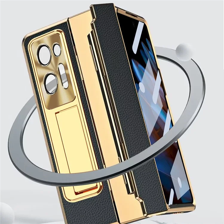 For Oppo Find N2 5G Anti-Scratch Kickstand Phone Case PU Leather+PC Phone Cover with Stylus Pen - Black