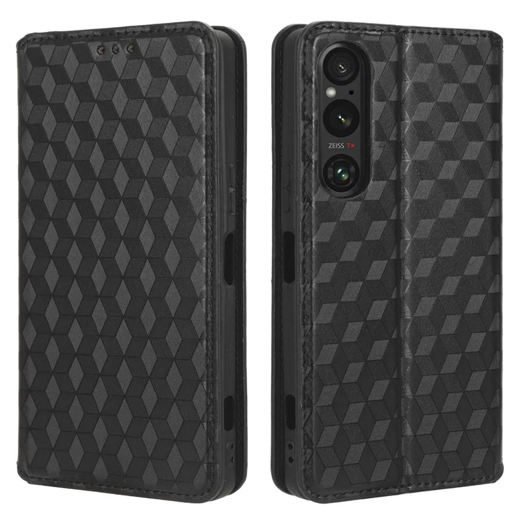 For Sony Xperia 1 V Rhombus Imprinted PU Leather Wallet Phone Case Flip Stand Anti-Drop Cover - Black
