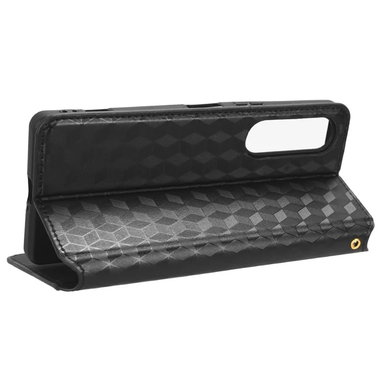 For Sony Xperia 1 V Rhombus Imprinted PU Leather Wallet Phone Case Flip Stand Anti-Drop Cover - Black
