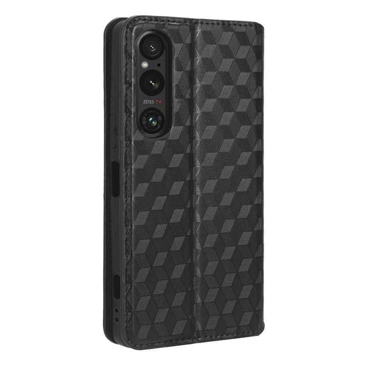 For Sony Xperia 1 V Rhombus Imprinted PU Leather Wallet Phone Case Flip Stand Anti-Drop Cover - Black