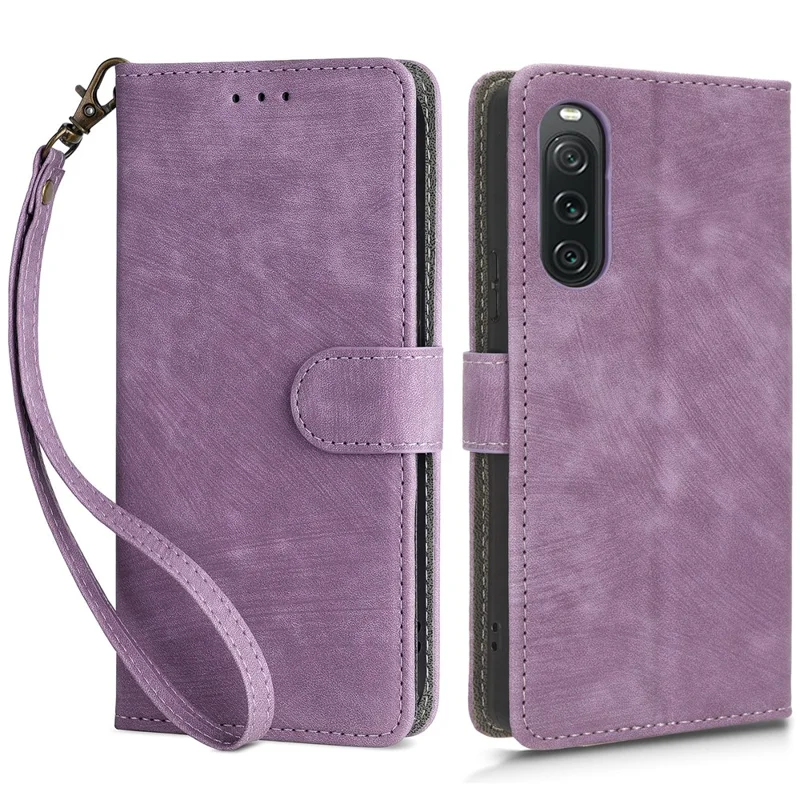 For Sony Xperia 10 V Leather Wallet Stand Phone Cover RFID Blocking Protective Case with Strap - Purple