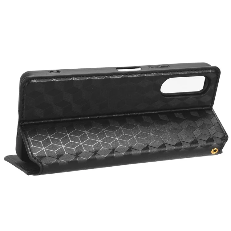 For Sony Xperia 10 V Rhombus Imprinted PU Leather Wallet Phone Case Flip Stand Anti-drop Cover - Black