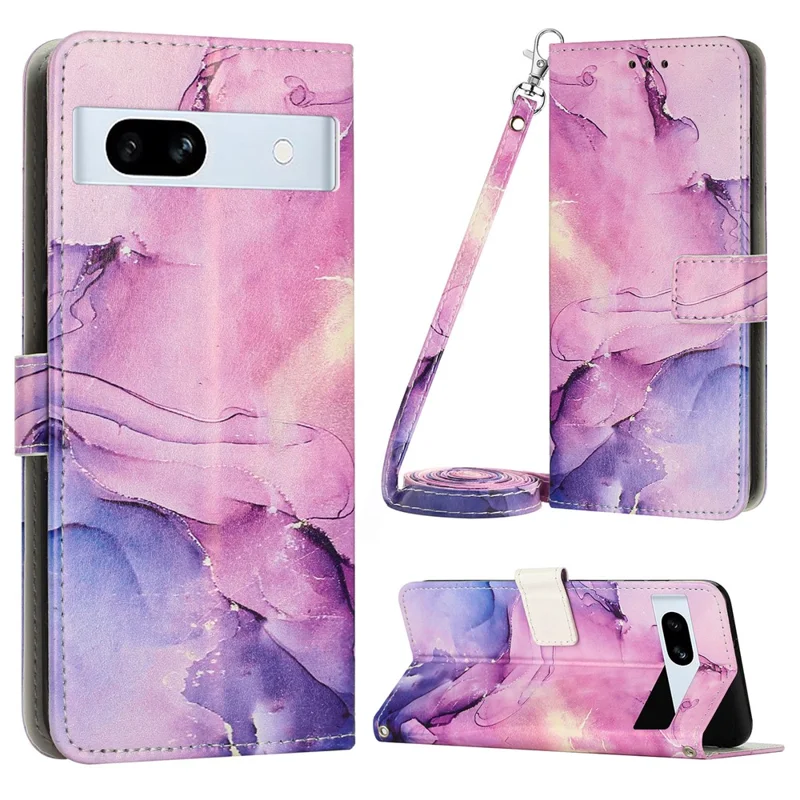 For Google Pixel 7a PU Leather Marble Pattern Case Wallet Stand Phone Cover with Shoulder Strap - Purple