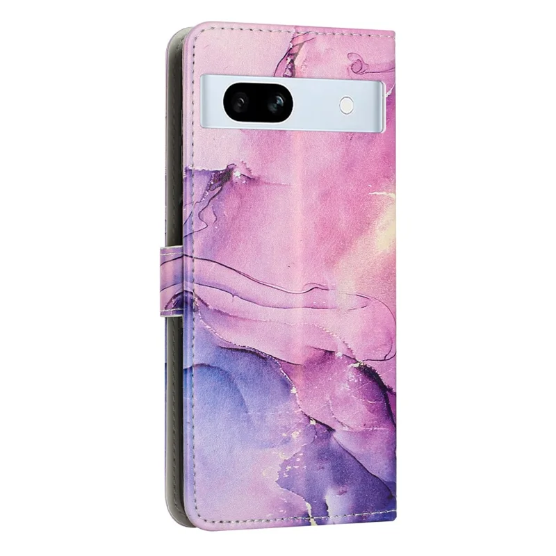 For Google Pixel 7a PU Leather Marble Pattern Case Wallet Stand Phone Cover with Shoulder Strap - Purple