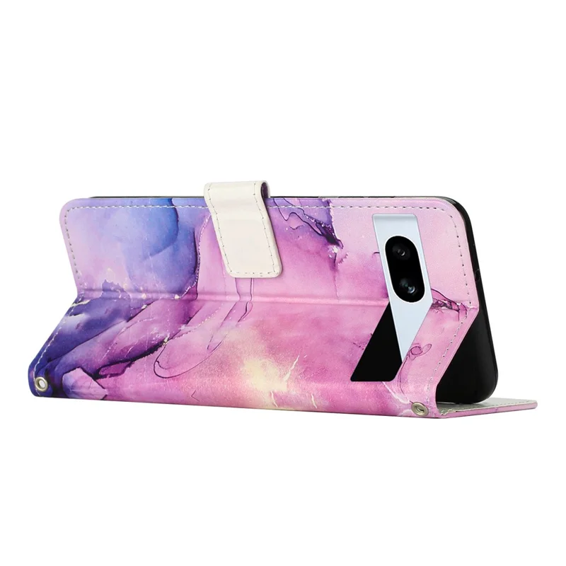 For Google Pixel 7a PU Leather Marble Pattern Case Wallet Stand Phone Cover with Shoulder Strap - Purple