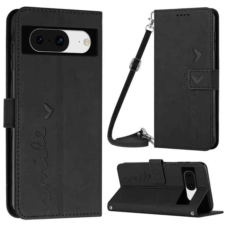 Pour Google Pixel 8 Flip Stand PU Leather Cover Heart Shape Wallet Phone Case with Shoulder Strap - Noir