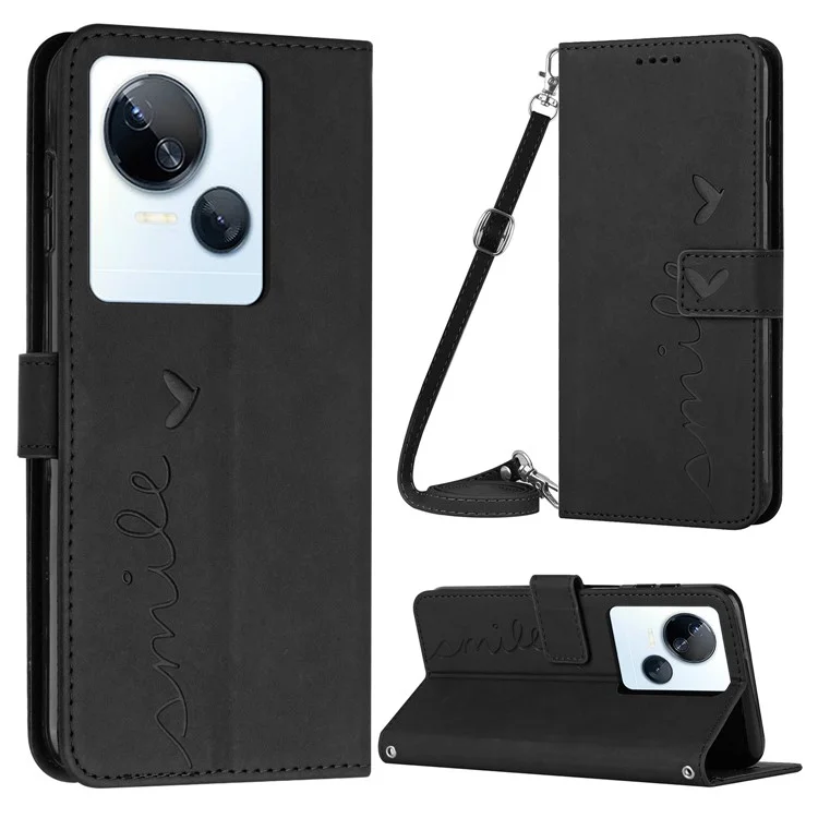 Para TECNO Spark 10 5G Capa de Carteira de Couro PU com Impressão de Coração Flip Stand Phone Cover com Alça de Ombro - Preto