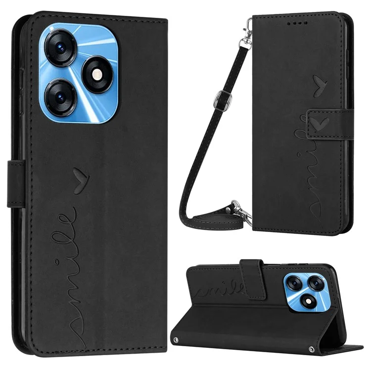 Para TECNO Spark 10 4G Heart Imprint Flip Stand Leather Cover Anti-Drop Wallet Phone Case con Correa para el Hombro - Negro