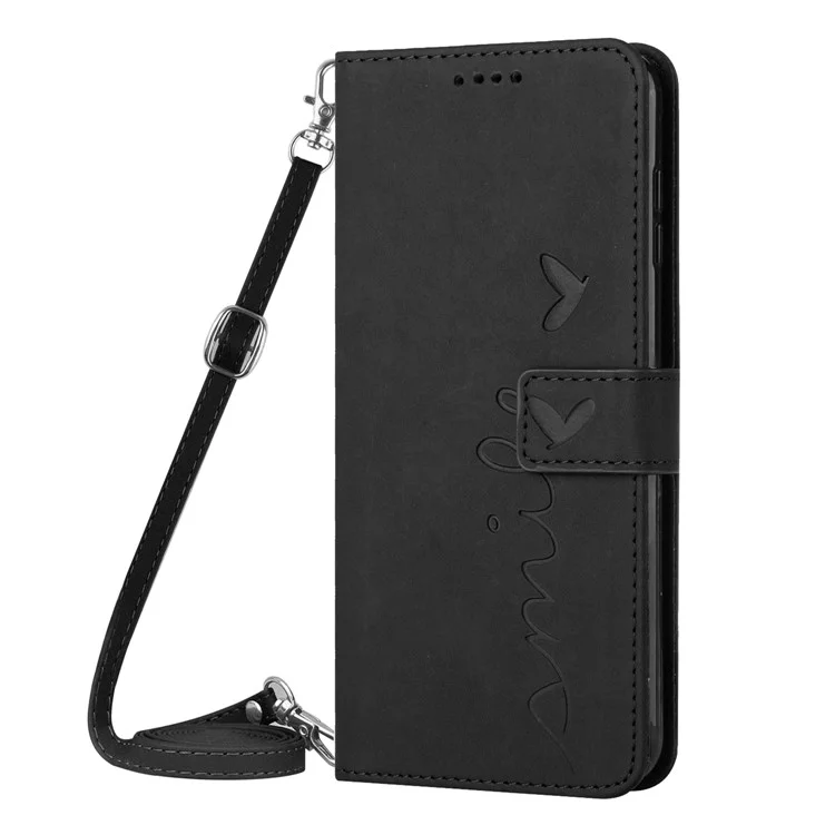Para TECNO Spark 10 4G Heart Imprint Flip Stand Leather Cover Anti-Drop Wallet Phone Case con Correa para el Hombro - Negro