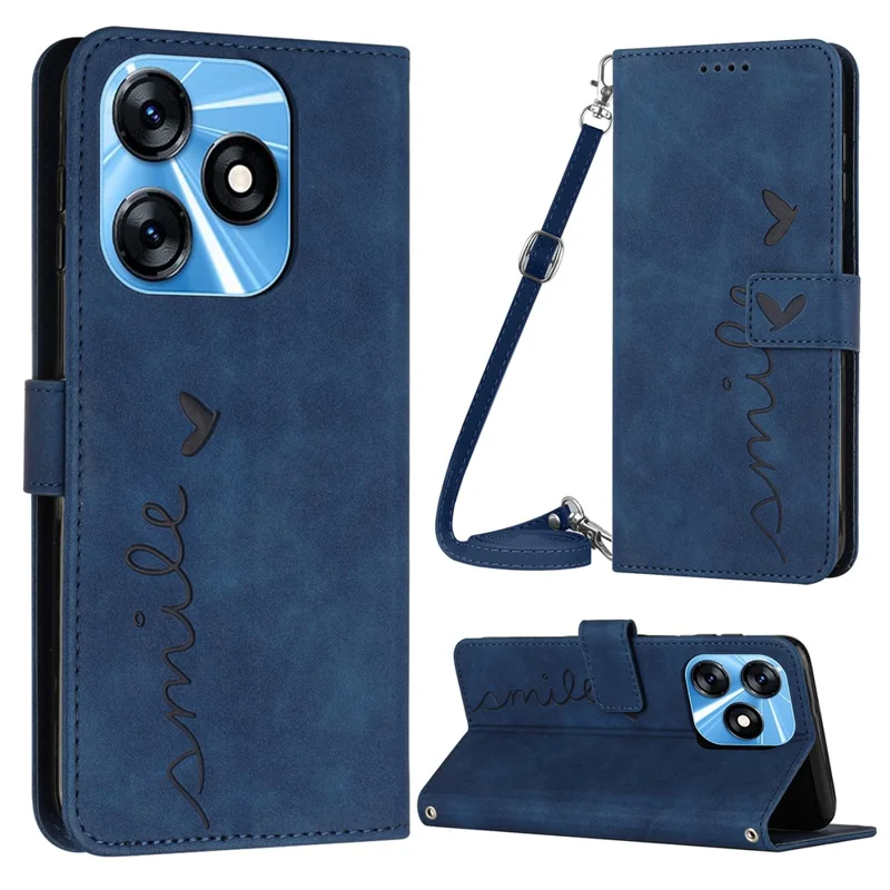 For TECNO Spark 10 4G Heart Imprint Flip Stand Leather Cover Anti-Drop Wallet Phone Case with Shoulder Strap - Sapphire